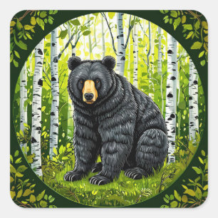 Black Bear in a Birch Forest Square Sticker