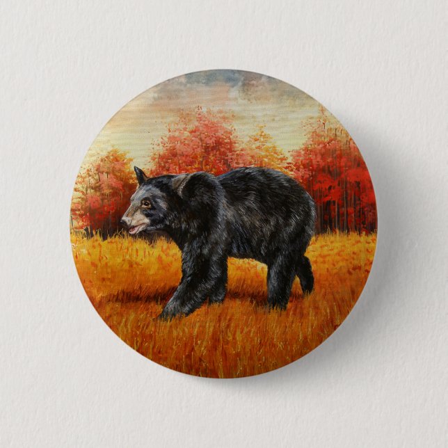 Black Bear in Autumn Forest 6 Cm Round Badge (Front)
