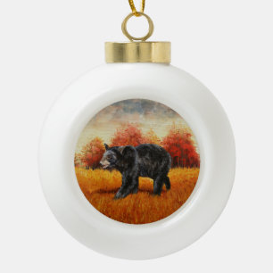 Black Bear in Autumn Forest Ceramic Ball Christmas Ornament