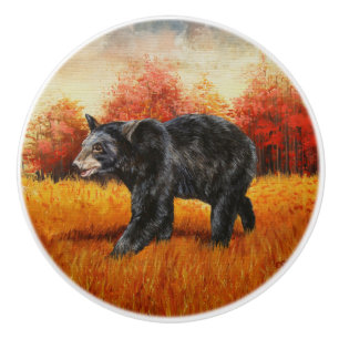 Black Bear in Autumn Forest Ceramic Knob