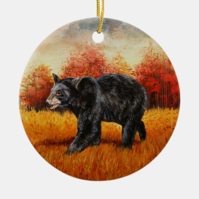 Black Bear in Autumn Forest Ceramic Tree Decoration (Front)