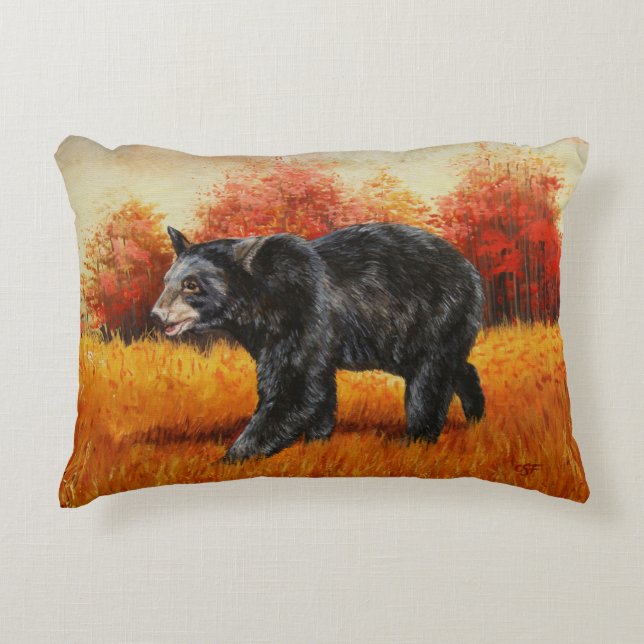 Black Bear in Autumn Forest Decorative Cushion (Front)