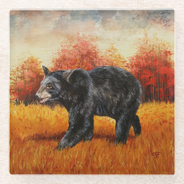 Black Bear in Autumn Forest Glass Coaster (Front)
