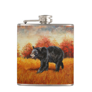 Black Bear in Autumn Forest Hip Flask