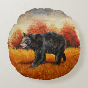 Black Bear in Autumn Forest Round Cushion