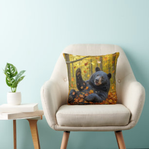 Black Bear In Autumn Leaves Cushion