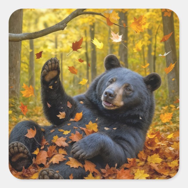 Black Bear In Autumn Leaves Square Sticker (Front)