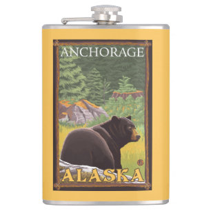 Black Bear in Forest - Anchorage, Alaska Hip Flask