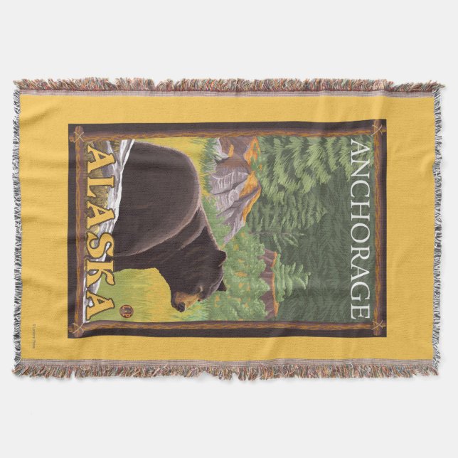 Black Bear in Forest - Anchorage, Alaska Throw Blanket (Front)
