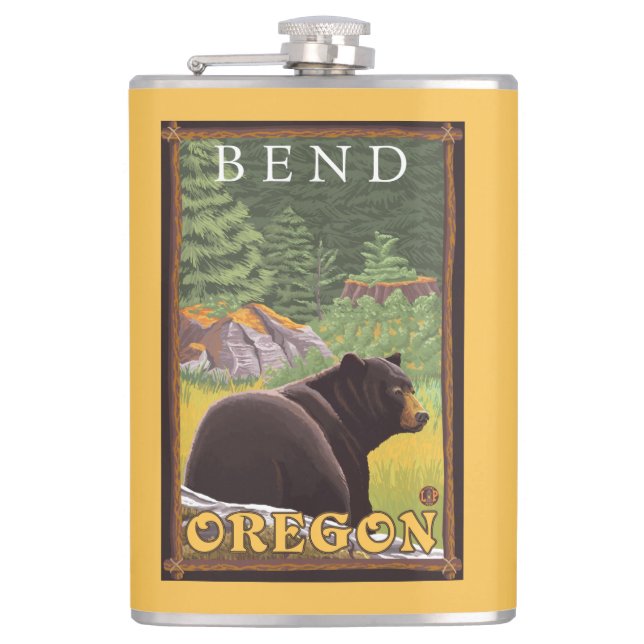 Black Bear in Forest - Bend, Oregon Hip Flask (Front)
