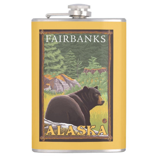 Black Bear in Forest - Fairbanks, Alaska Hip Flask (Front)