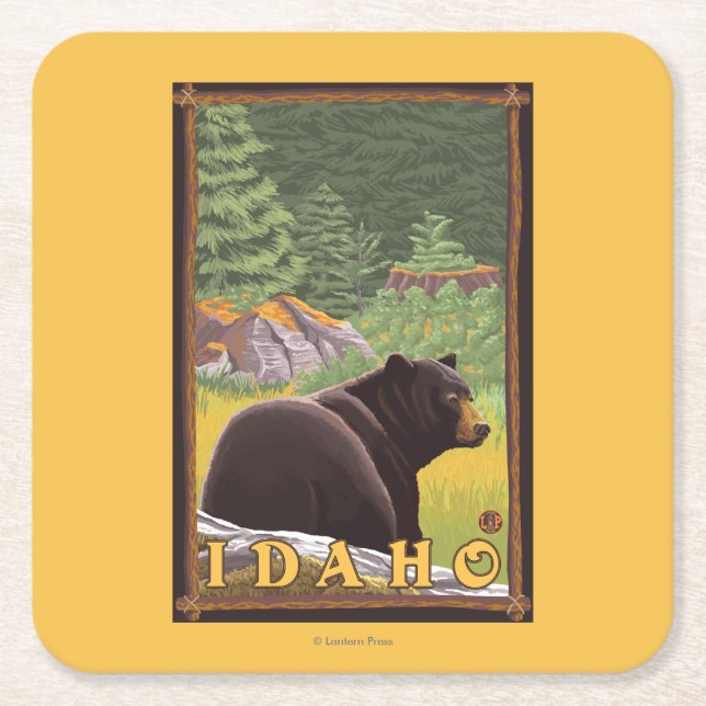 Black Bear in Forest - Idaho Square Paper Coaster (Front)