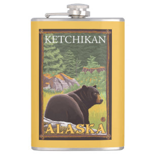 Black Bear in Forest - Ketchikan, Alaska Hip Flask