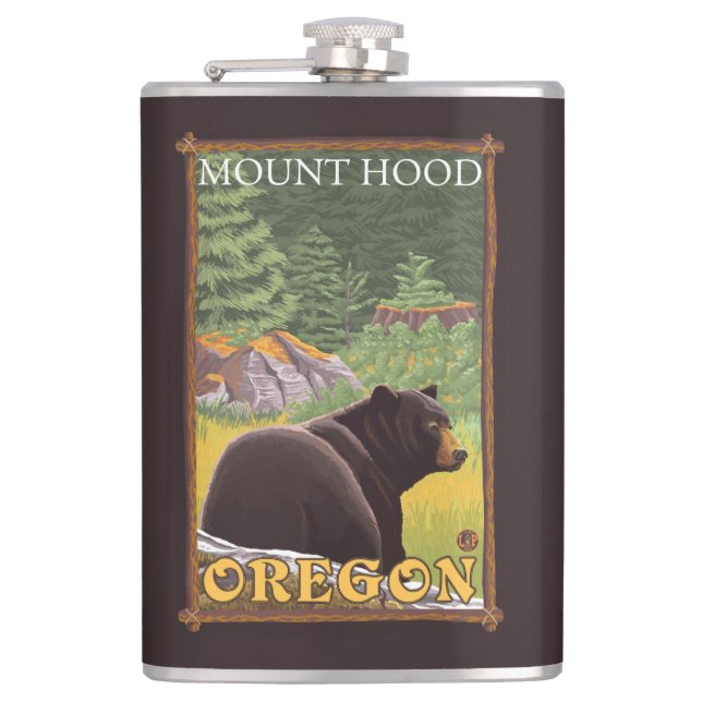 Black Bear in Forest - Mount Hood, Oregon Hip Flask (Front)
