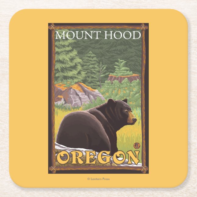 Black Bear in Forest - Mount Hood, Oregon Square Paper Coaster (Front)