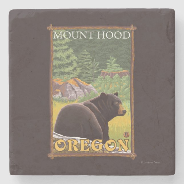 Black Bear in Forest - Mount Hood, Oregon Stone Coaster (Front)