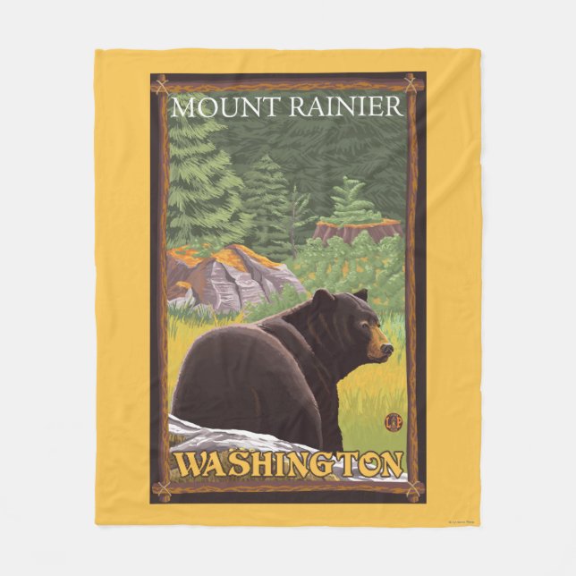 Black Bear in Forest - Mount Rainier, Washington Fleece Blanket (Front)