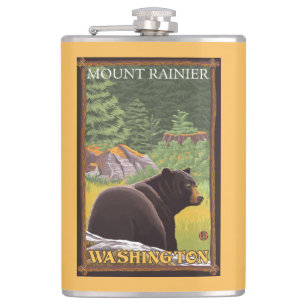 Black Bear in Forest - Mount Rainier, Washington Hip Flask