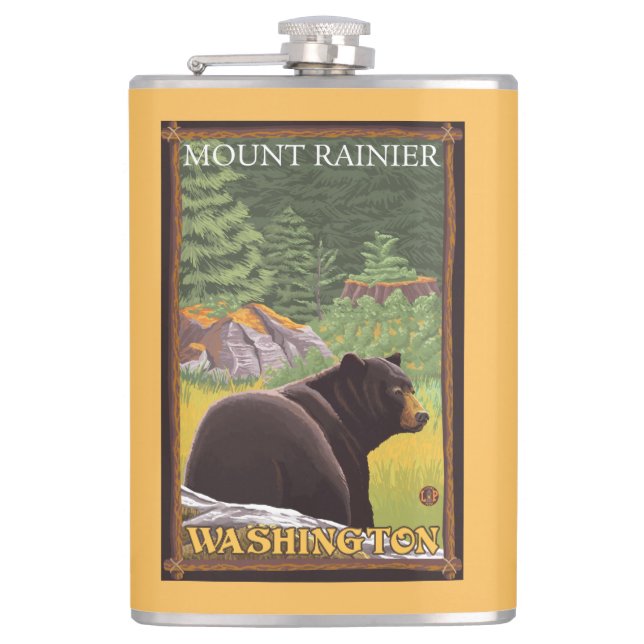 Black Bear in Forest - Mount Rainier, Washington Hip Flask (Front)