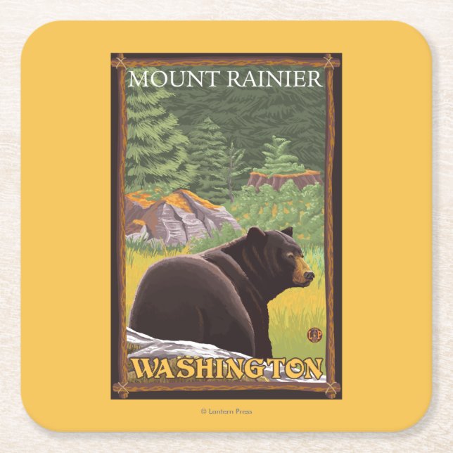 Black Bear in Forest - Mount Rainier, Washington Square Paper Coaster (Front)