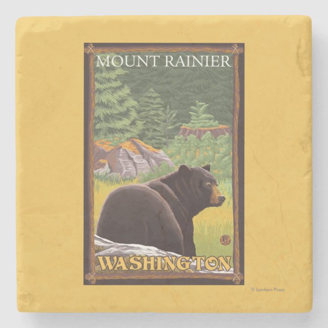 Black Bear in Forest - Mount Rainier, Washington Stone Coaster (Front)