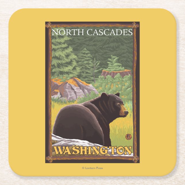 Black Bear in Forest - North Cascades, Washingto Square Paper Coaster (Front)