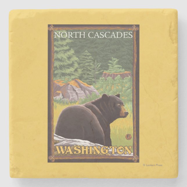 Black Bear in Forest - North Cascades, Washingto Stone Coaster (Front)
