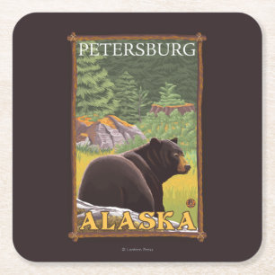 Black Bear in Forest - Petersburg, Alaska Square Paper Coaster