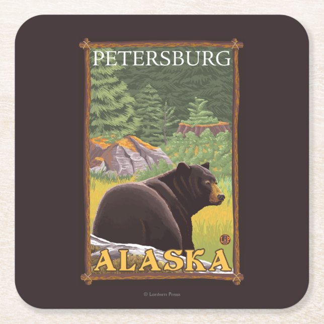 Black Bear in Forest - Petersburg, Alaska Square Paper Coaster (Front)