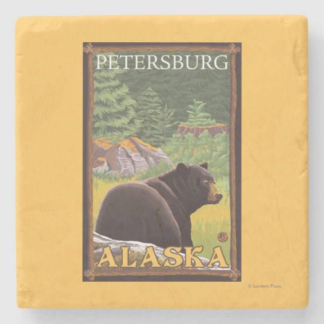 Black Bear in Forest - Petersburg, Alaska Stone Coaster (Front)