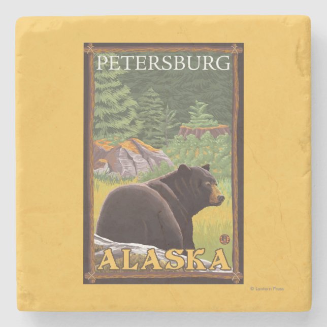 Black Bear in Forest - Petersburg, Alaska Stone Coaster (Front)