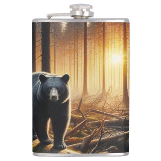 Black Bear in Forest Scene Hip Flask