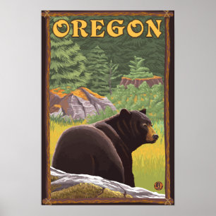 Black Bear in Forest Scene Vintage Travel Poster