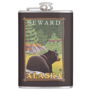 Black Bear in Forest - Seward, Alaska Hip Flask