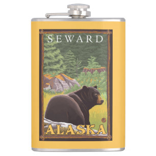 Black Bear in Forest - Seward, Alaska Hip Flask