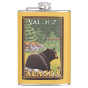 Black Bear in Forest - Valdez, Alaska Hip Flask