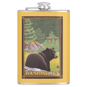 Black Bear in Forest - Washington Hip Flask