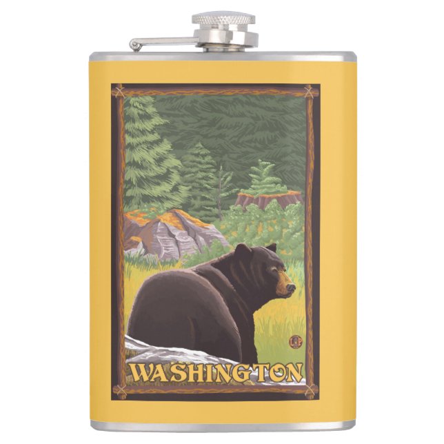 Black Bear in Forest - Washington Hip Flask (Front)