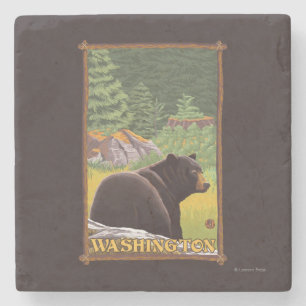 Black Bear in Forest - Washington Stone Coaster