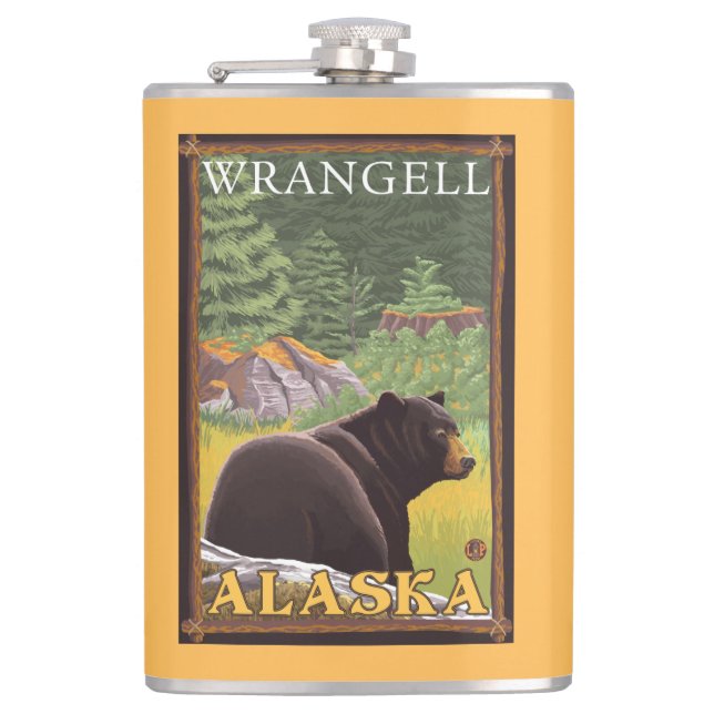 Black Bear in Forest - Wrangell, Alaska Hip Flask (Front)