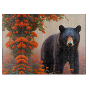 Black Bear in Orange flowers Cutting Board