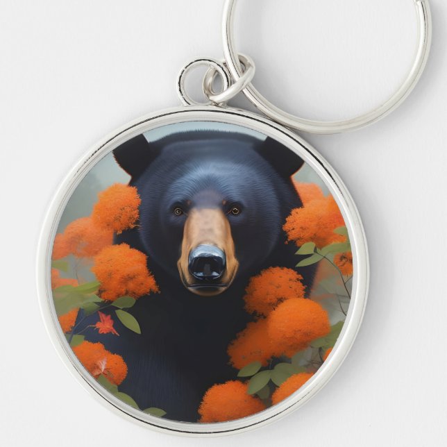 Black Bear in Orange flowers  Key Ring (Front)