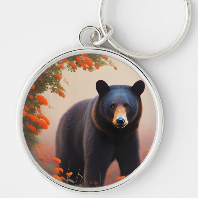 Black Bear in Orange flowers  Key Ring (Front)