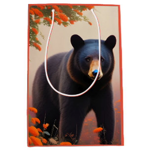 Black Bear in Orange flowers Medium Gift Bag