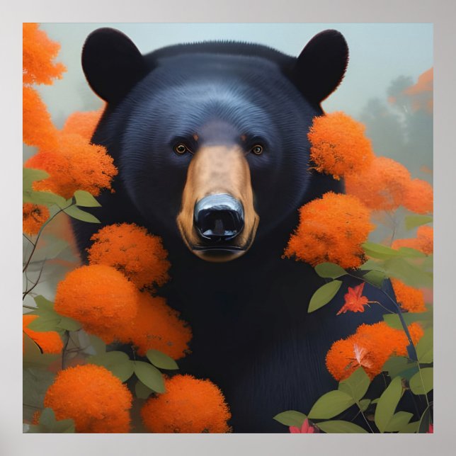 Black Bear in Orange flowers  Poster (Front)
