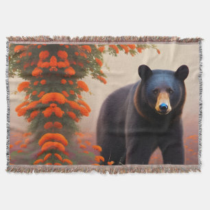 Black Bear in Orange flowers Throw Blanket
