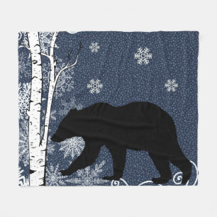 Black Bear in Winter Birch Forest Fleece Blanket