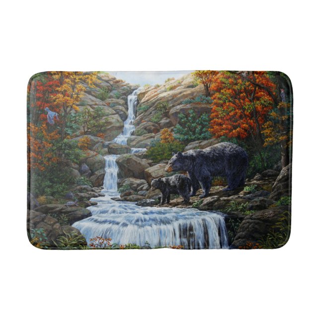 Black Bear Mother & Cub Waterfall Bath Mat (Front)