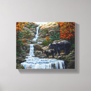 Black Bear Mother & Cub Waterfall Canvas Print