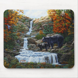 Black Bear Mother & Cub Waterfall Mouse Mat